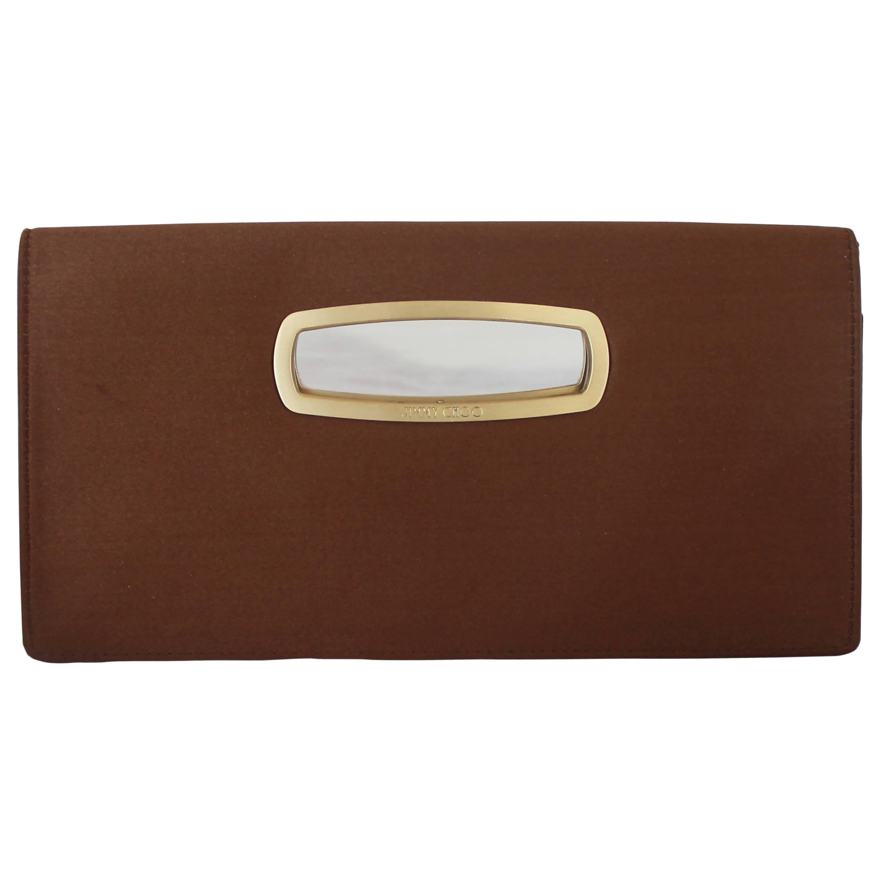 Jimmy Choo Brown Satin Clutch with Gold Cutout Handle For Sale