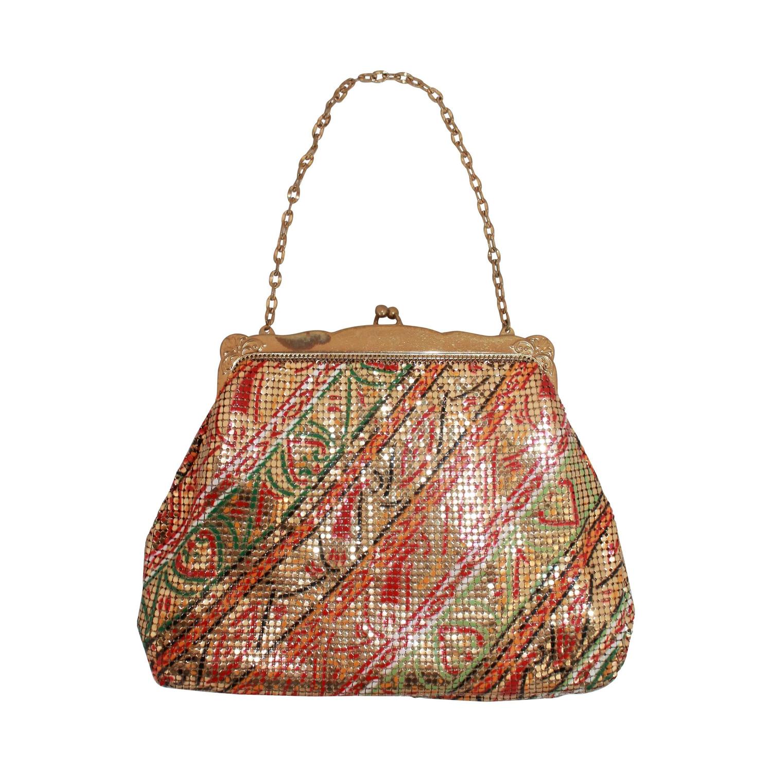 Whiting and Davis 1940's Vintage Multicolor Paisley Gold Mesh Bag For