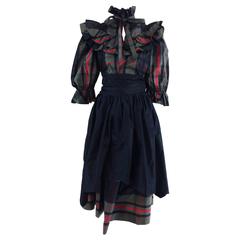 Ted Lapidus 2pc plaid/solid silk taffeta top & layered skirt 1980s 8
