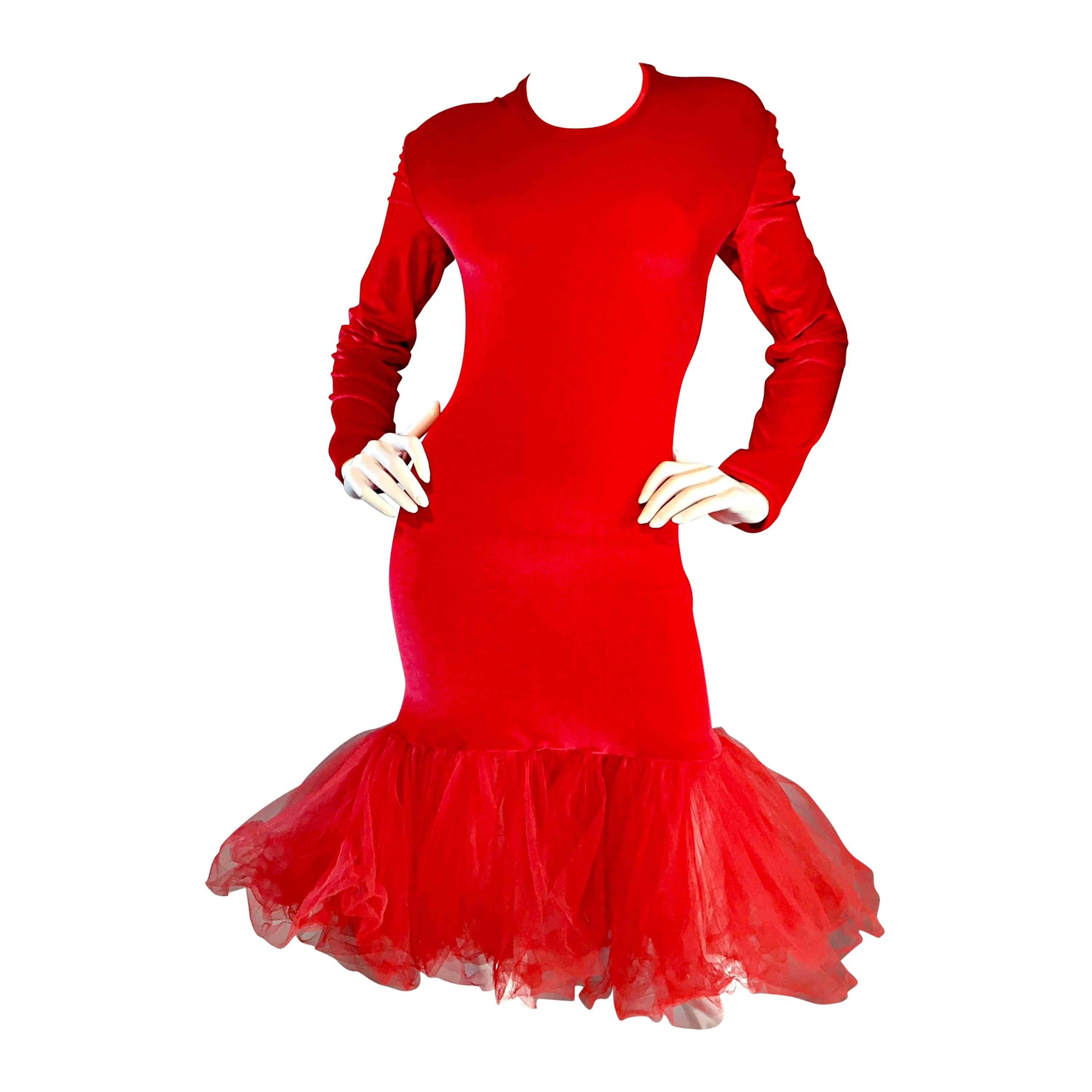 Extraordinary Patrick Kelly 1980s Vintage Red BodCon Mermaid Dress w/ Tulle Hem For Sale