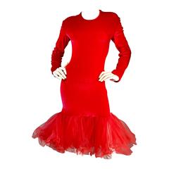 Extraordinary Patrick Kelly 1990s Vintage Red BodCon Mermaid Dress w/ Tulle Hem