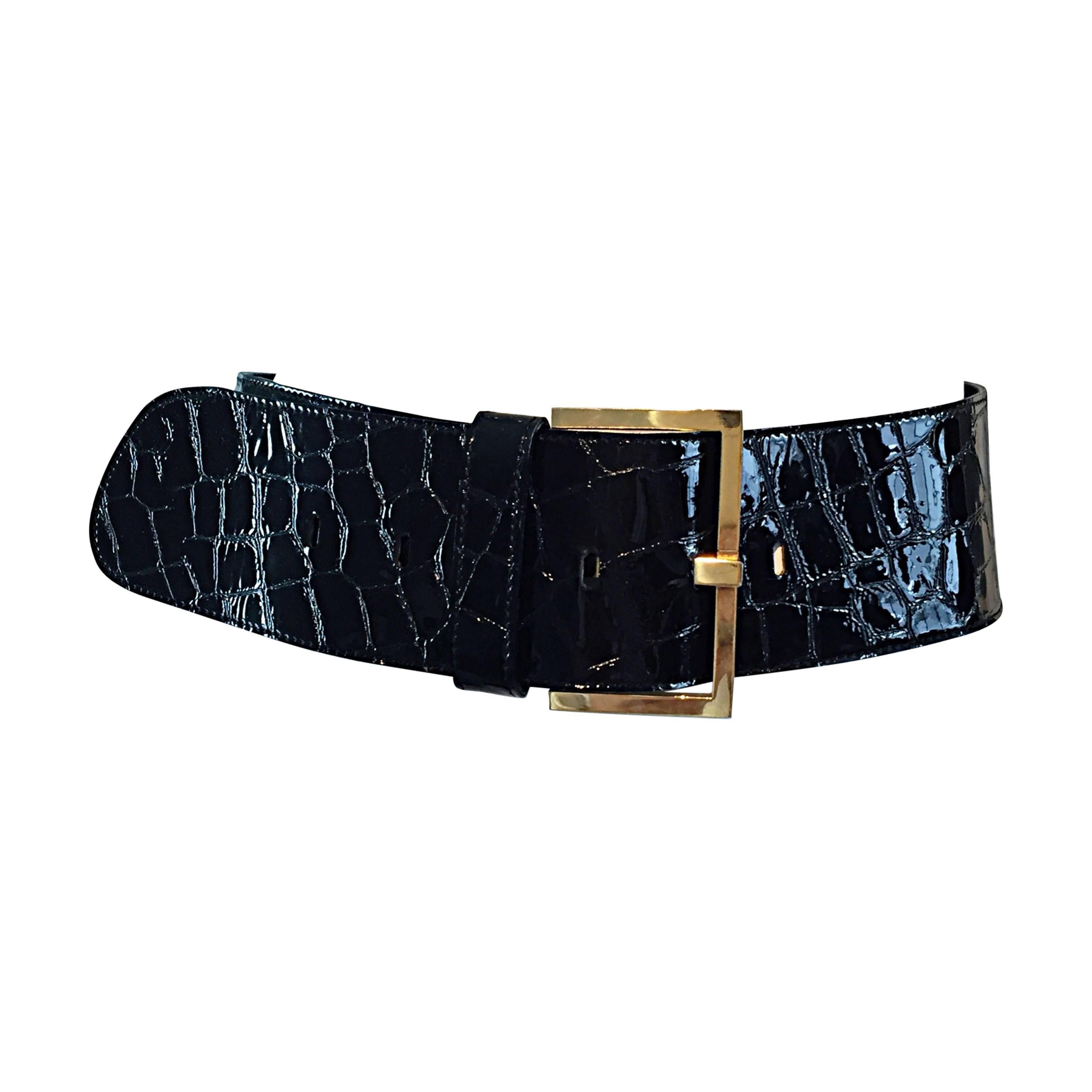 New Vintage Jane August Crocodile Alligator Embossed Black Patent Leather Belt For Sale