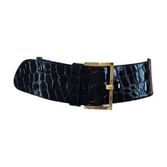 New Retro Jane August Crocodile Alligator Embossed Black Patent Leather Belt