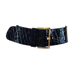 New Vintage Jane August Crocodile Alligator Embossed Black Patent Leather Belt 7