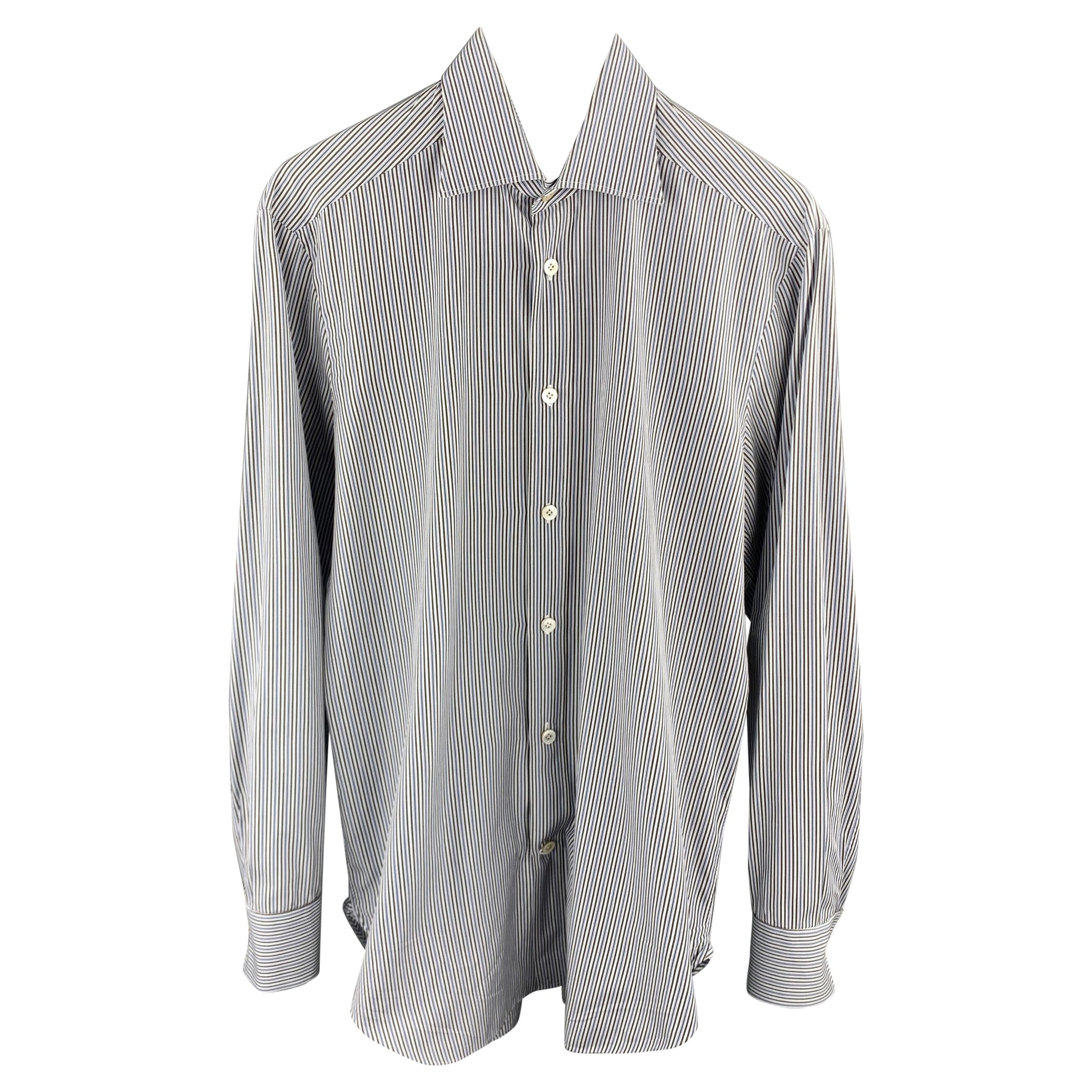 KITON Size S Brown & Blue Stripe Cotton Button Up Long Sleeve Shirt