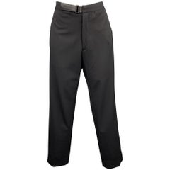 PRADA Size 30 Black Wool Blend Leather Tab Dress Pants