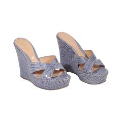 SERGIO ROSSI Light Blue EMBOSSED Leather WEDGE SHOES Platform SZ 39 1/2 ST 3