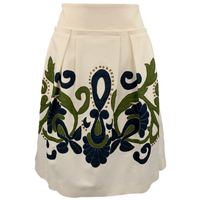 LELA ROSE Size 8 Cream Embroidered Cotton Blend Pleated Skirt