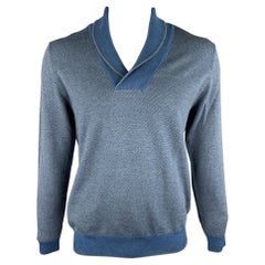 Pull à col châle HUGO BOSS en laine mérinos tricotée bleu et gris, taille XL
