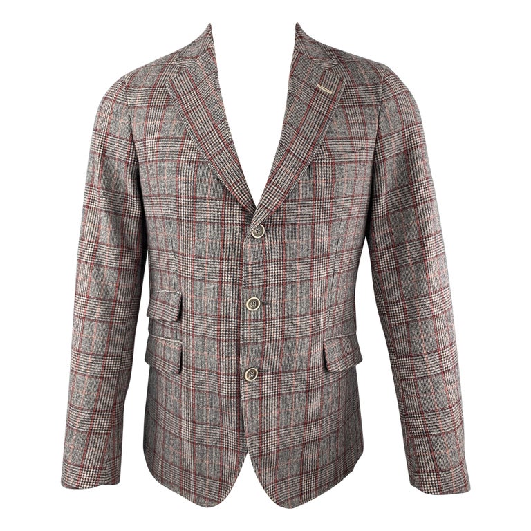 GANT RUGGER Size 38 Gray and Red Plaid Wool / Polyester Notch Lapel Sport  Coat For Sale at 1stDibs