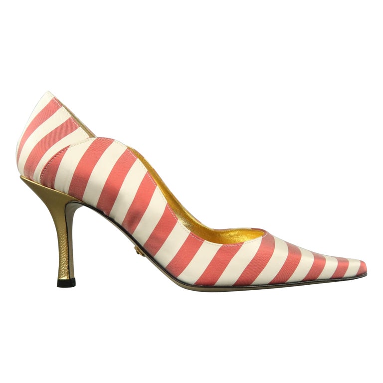 NICOLE MILLER Size 7 White and Red Striped Satin Hold Heels ESTELLE Pumps  For Sale at 1stDibs
