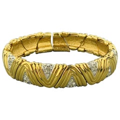 Vintage Gold Tone Metal Rhinestones Textured Open Cuff Bracelet