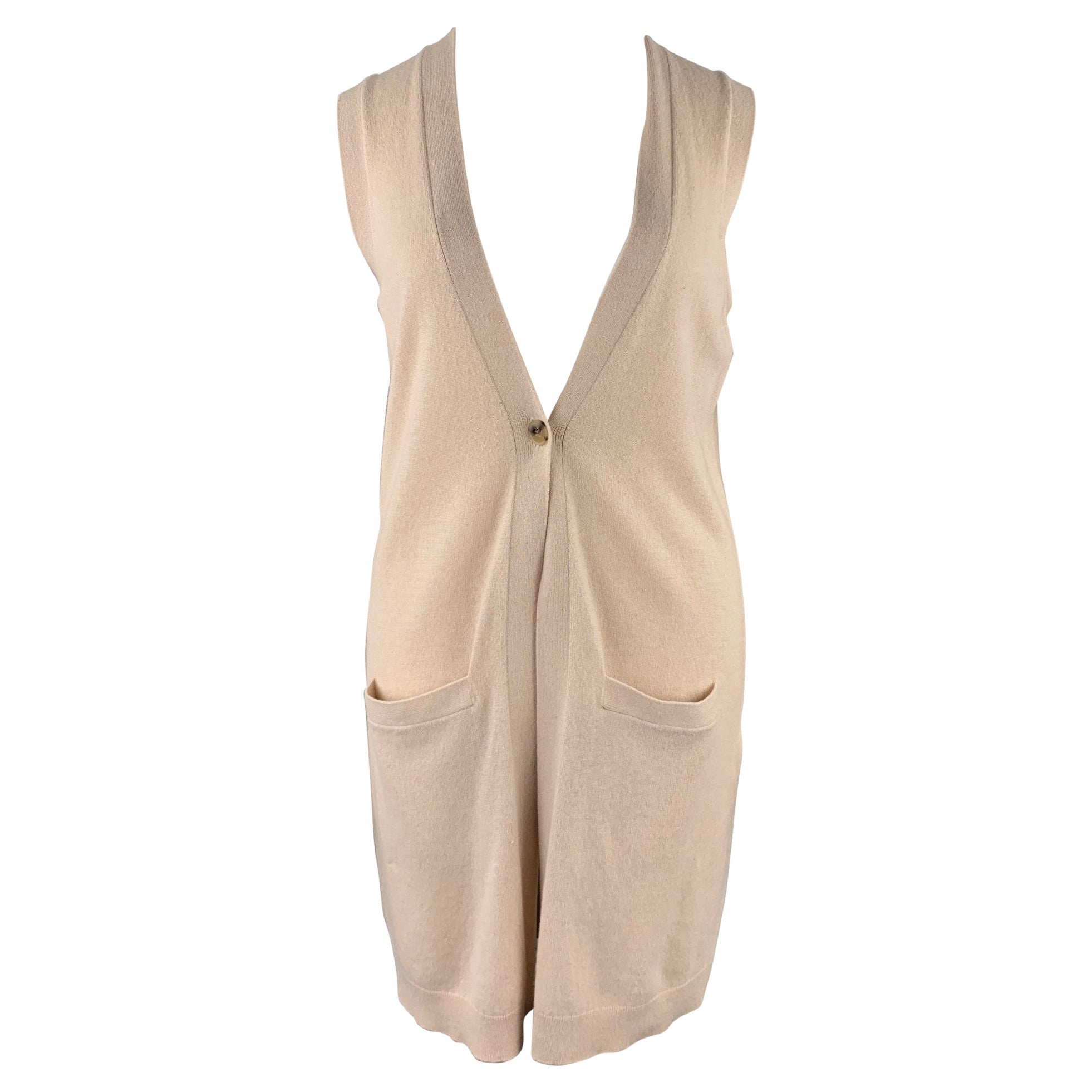 THEORY Size L Beige Knitted Cashmere Sleeveless Cardigan