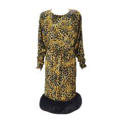 1980s Bill Blass Silk Burnout Dress in Leopard Print with Rhinestones and Mink 5