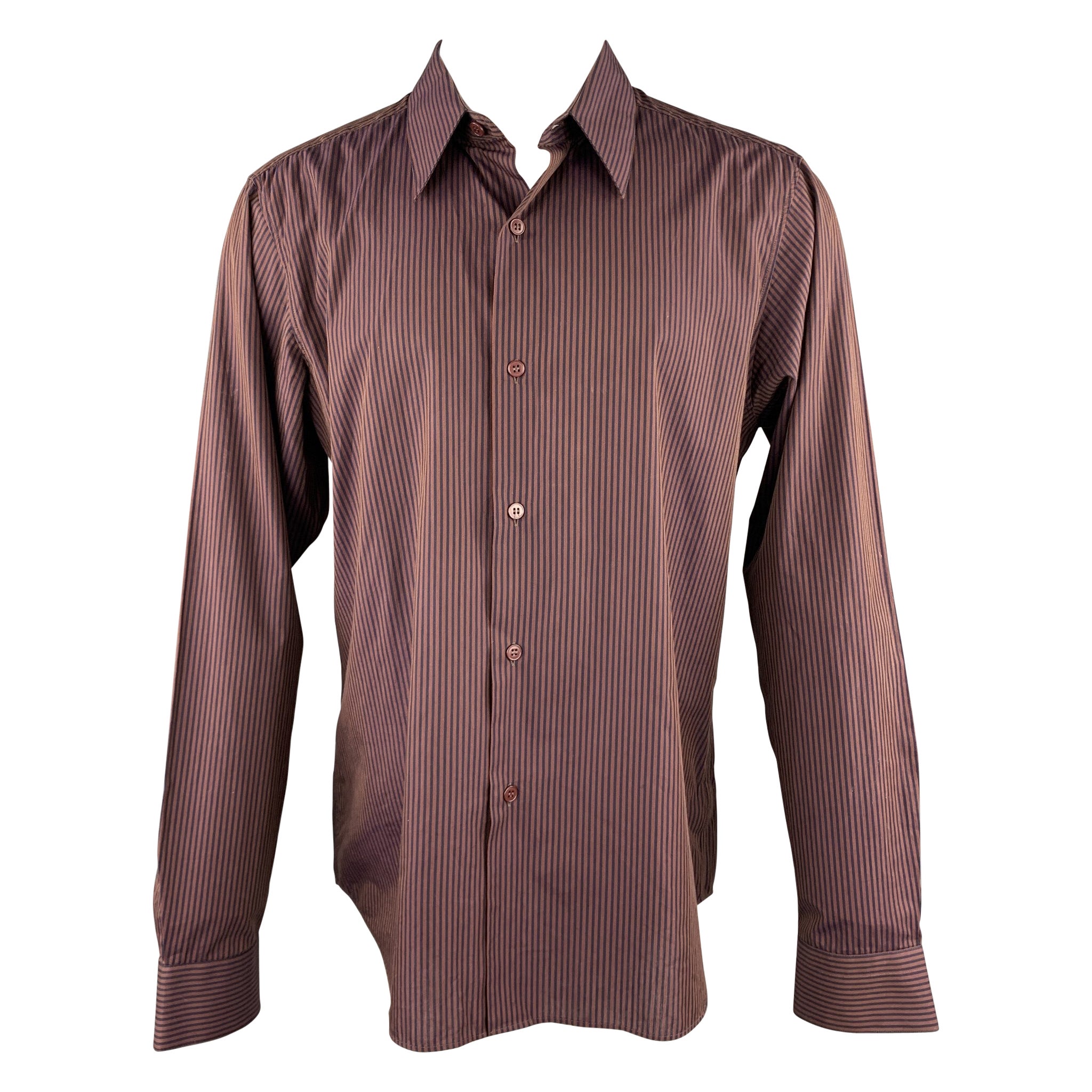AGNES B. Size S Burgundy & Navy Stripe Cotton Button Up Long Sleeve Shirt