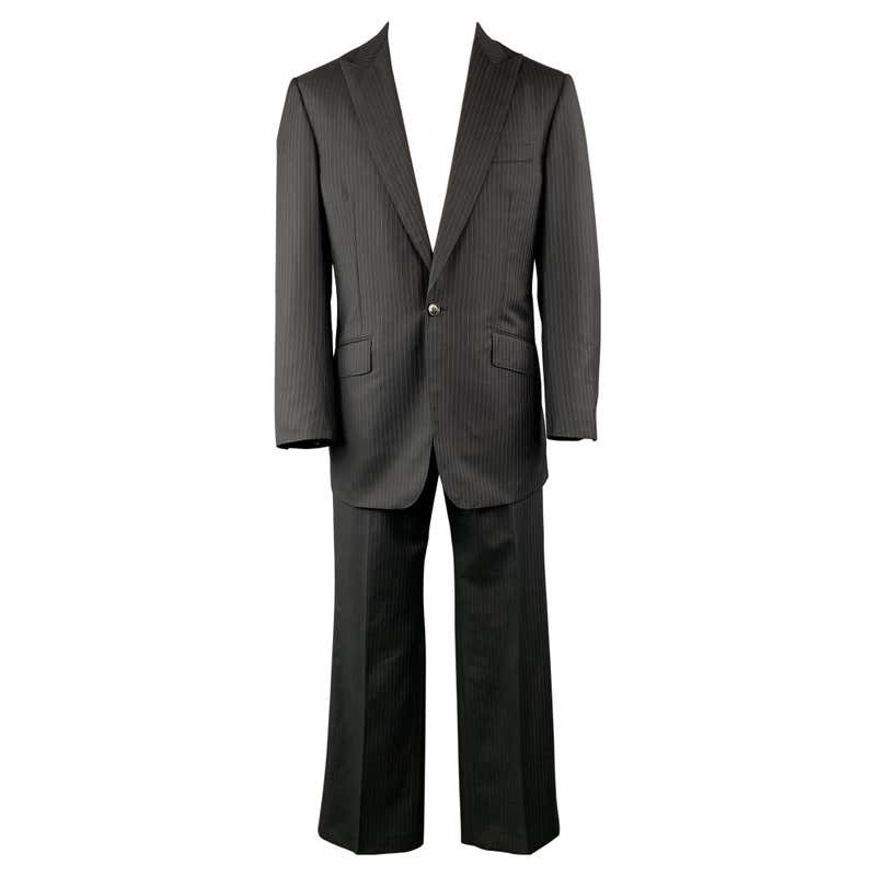 DAVID AUGUST Size 40 Navy and Pink Stripe Wool Peak Lapel 34 x 30 Suit ...
