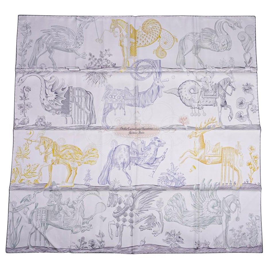 Hermes Scarf Della Cavalleria Favolosa Gris Argente/Jaune/Etoupe Double Face 90