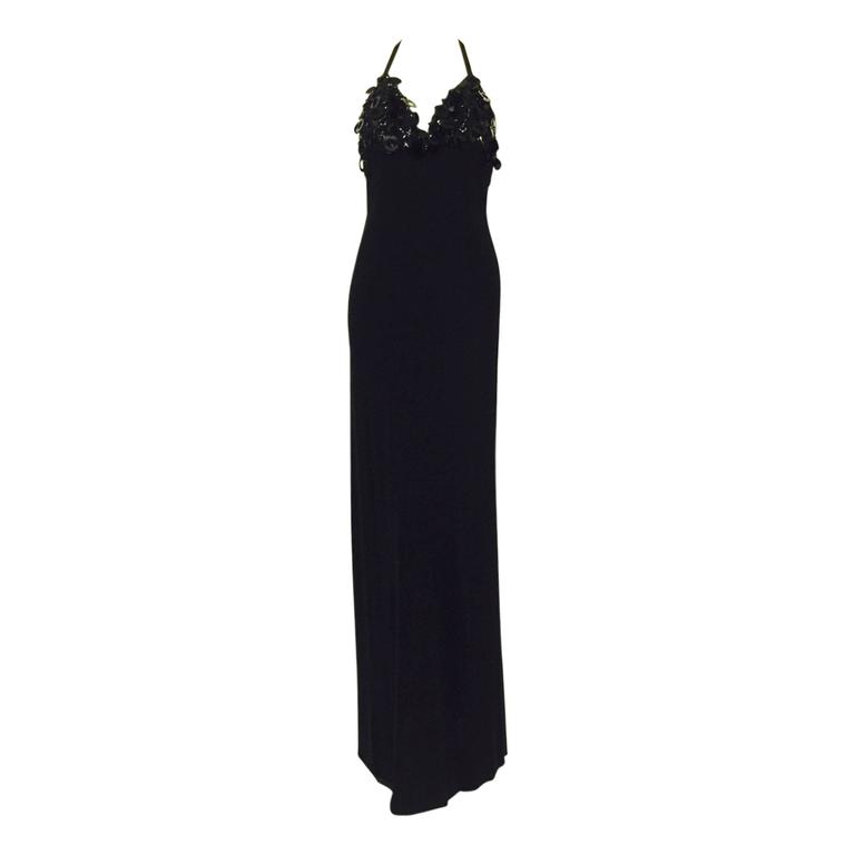 New Jenny Packham Embroidered Black Stretch Jersey Halter Evening Dress ...