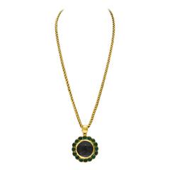 Vintage 1995 Chanel Magnifying Glass Necklace with Green Stones 