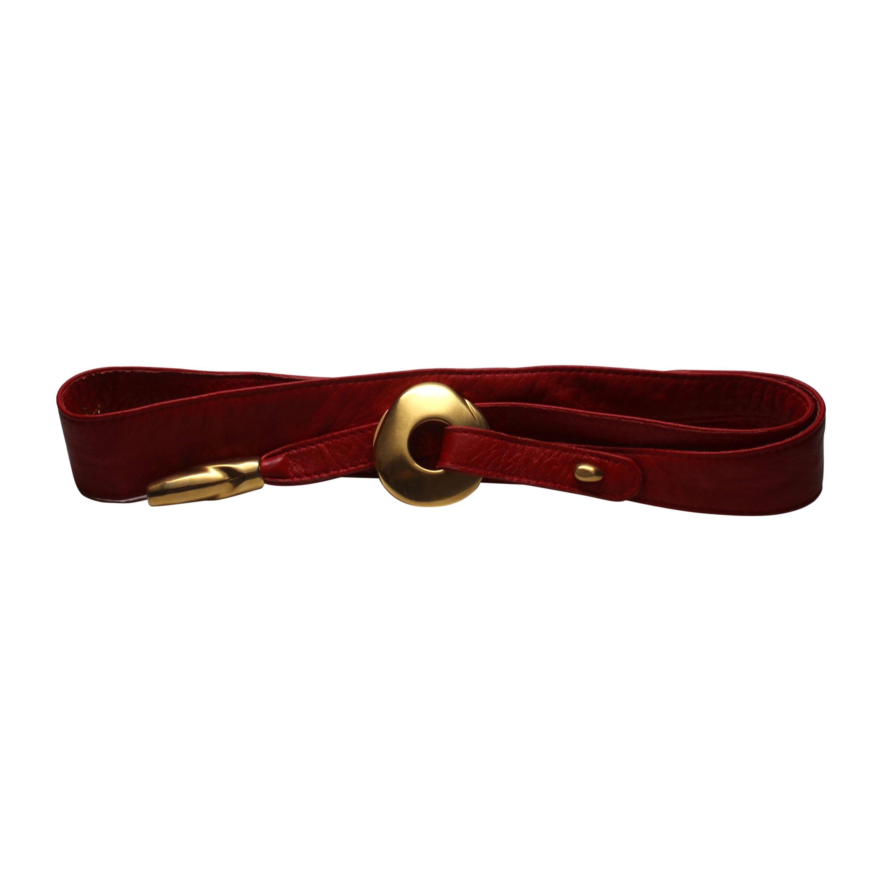 Donna Karan 1980s Red Leather Belt with Sculptural Hardware For Sale