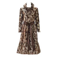 1960s Cecil Chapman Brown and Gold Metallic Paisley Dress 12