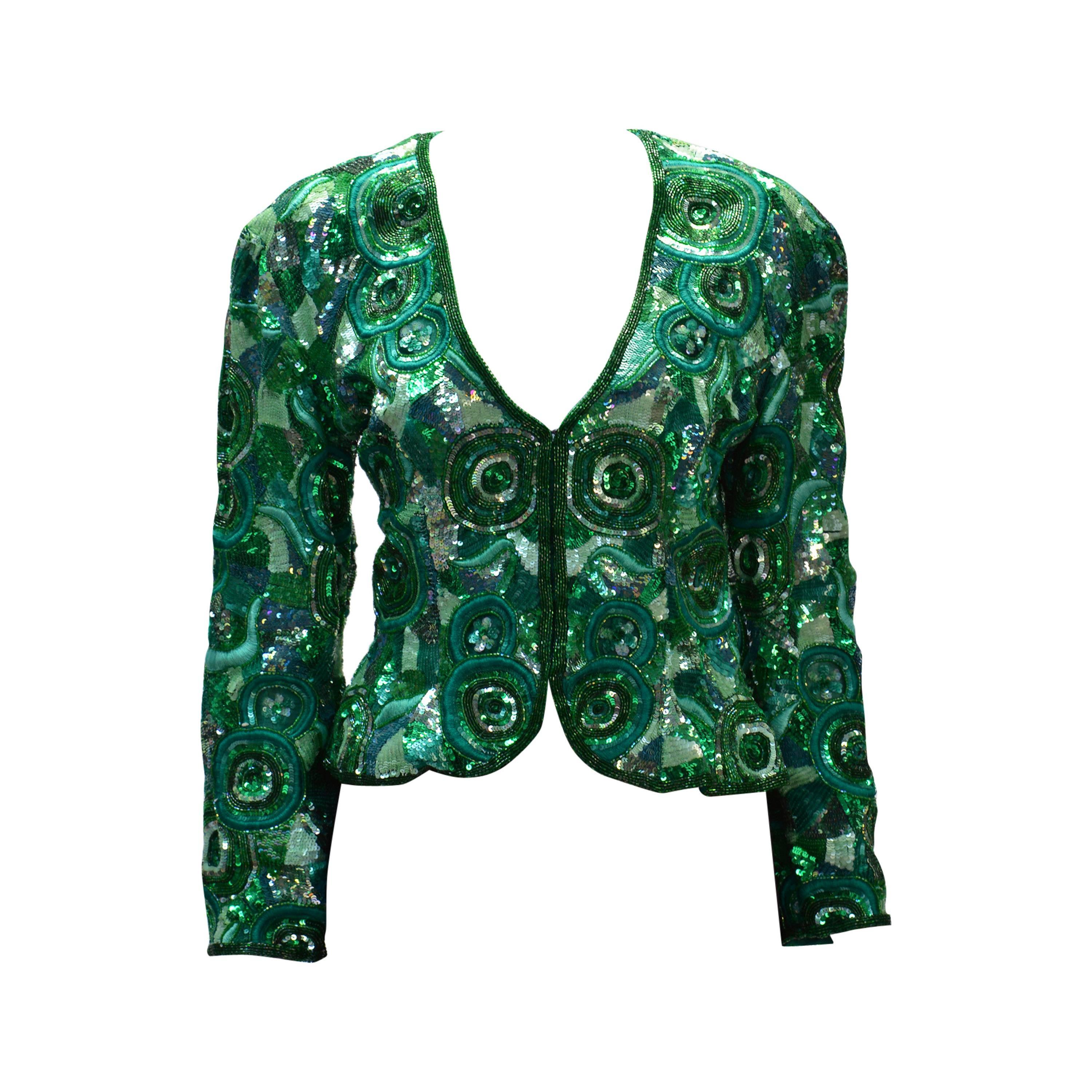 1980s Naeem Khan Green Pure Silk Sequined Jacket For Sale