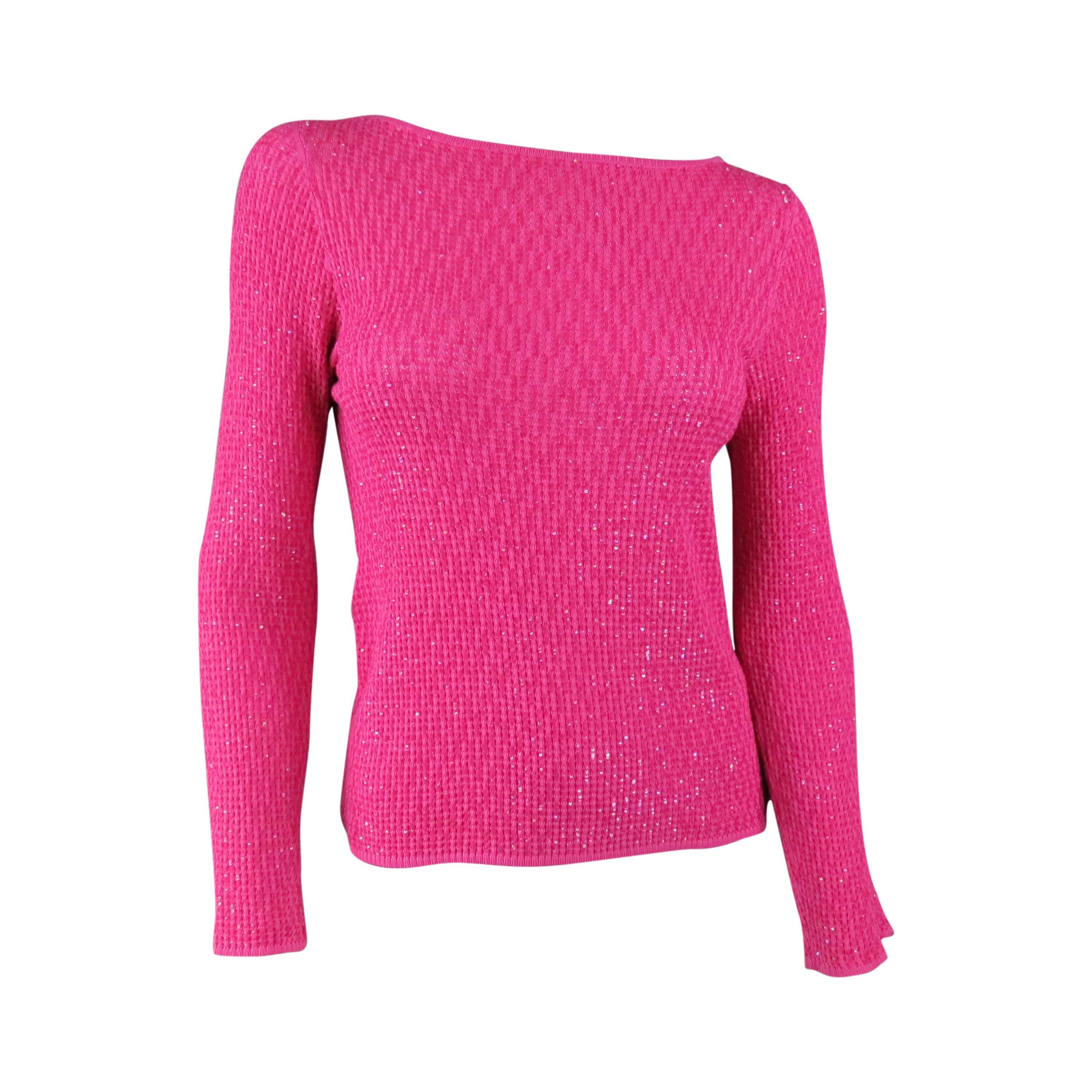 OSCAR DE LA RENTA Size M Fuschia Pink Silk Beaded Knit Scoop Neck Dress Top