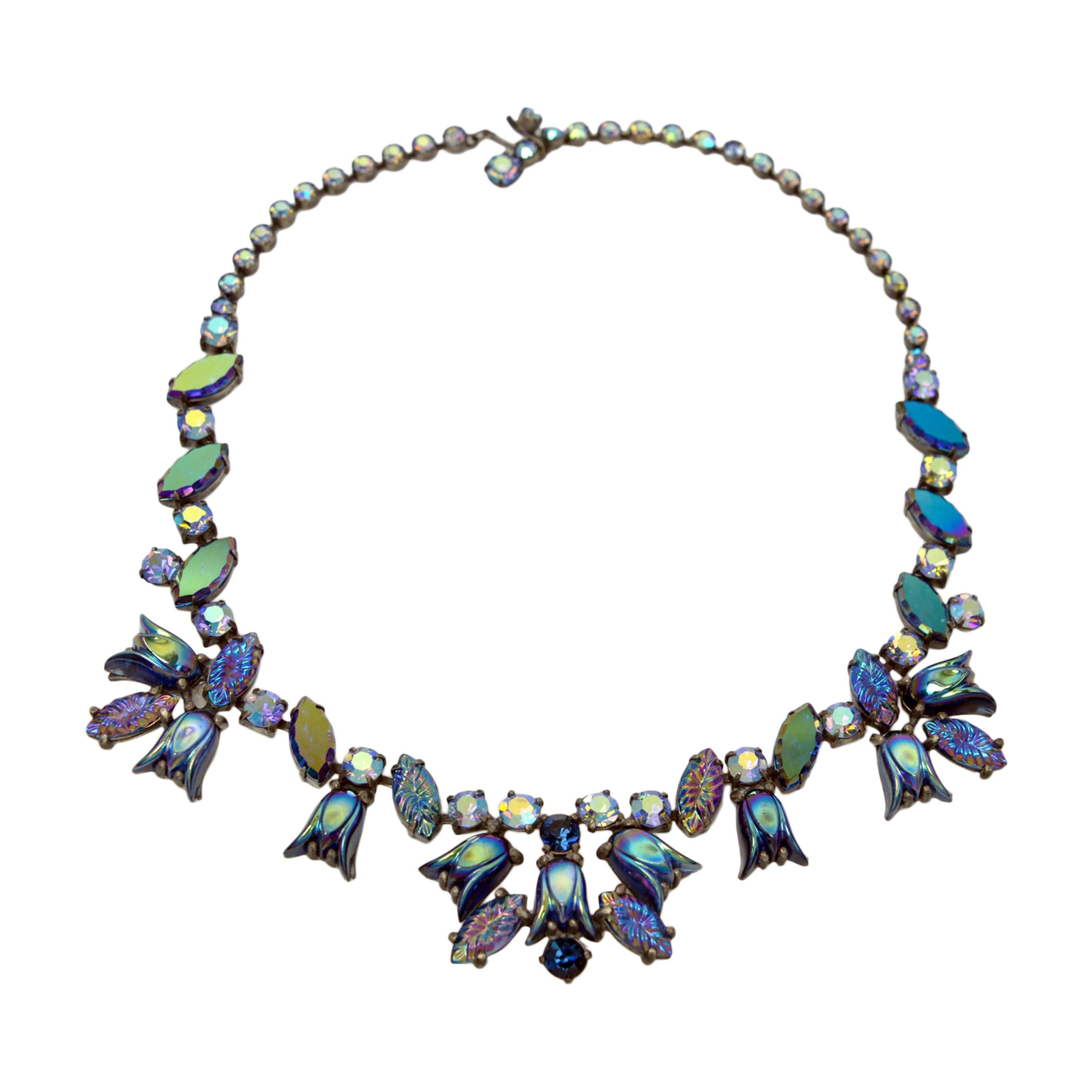 1950s Signed Elsa Schiaparelli Irridescent Blue Art Glass & Rhinestone Necklace