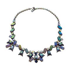 Retro 1950s Signed Elsa Schiaparelli Irridescent Blue Art Glass & Rhinestone Necklace