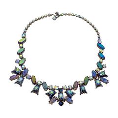 Vintage 1950s Signed Elsa Schiaparelli Irridescent Blue Art Glass & Rhinestone Necklace