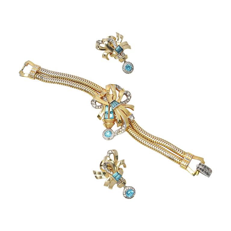 1940s Louis Mazer Rhinestone Bracelet and Earrings Set For Sale at 1stDibs