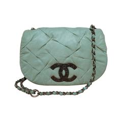 RARE Chanel Seafoam Green Puckered Shimmery Leather Classic Shoulder Bag