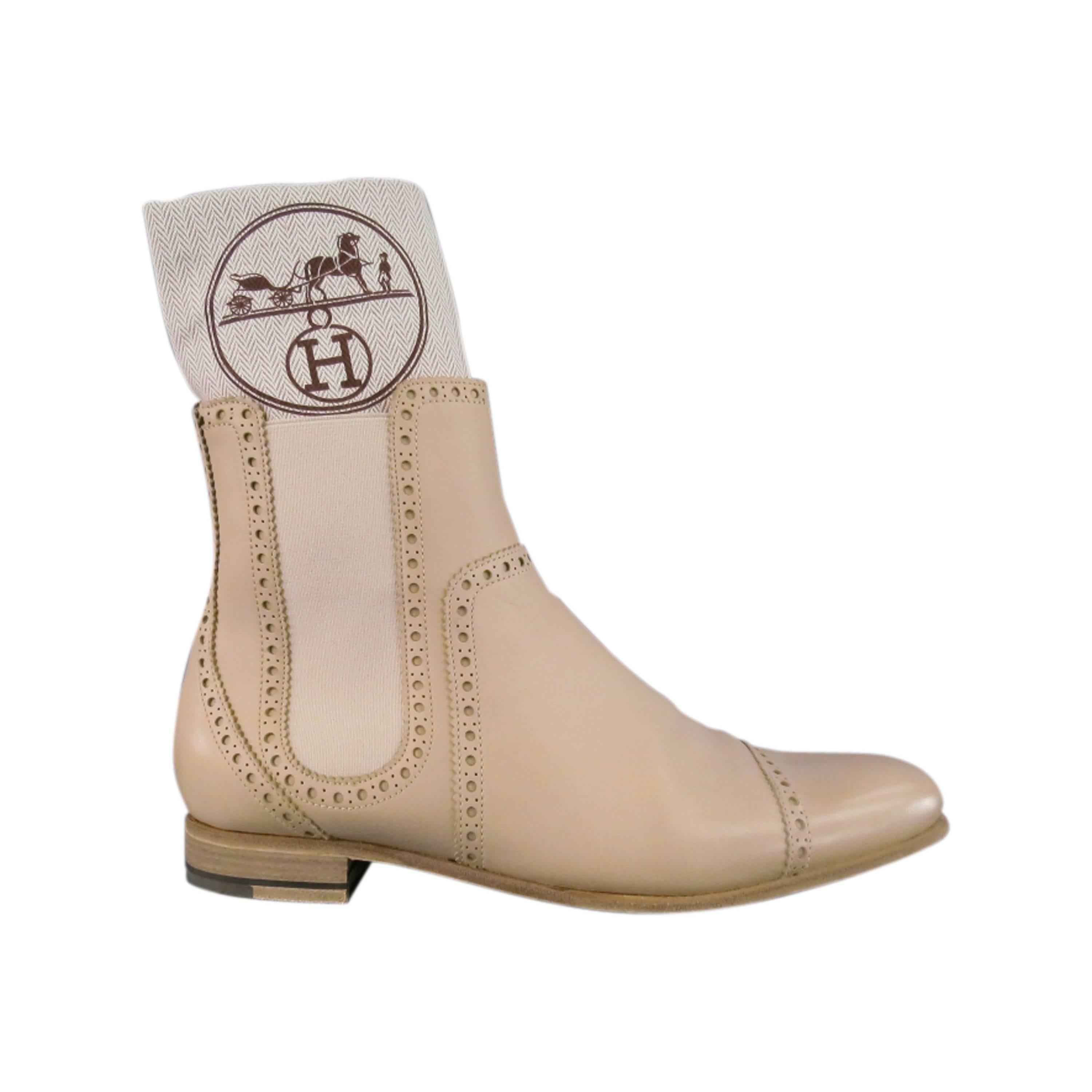 HERMES Size 6 Light Bone Beige Leather Brogue Boots