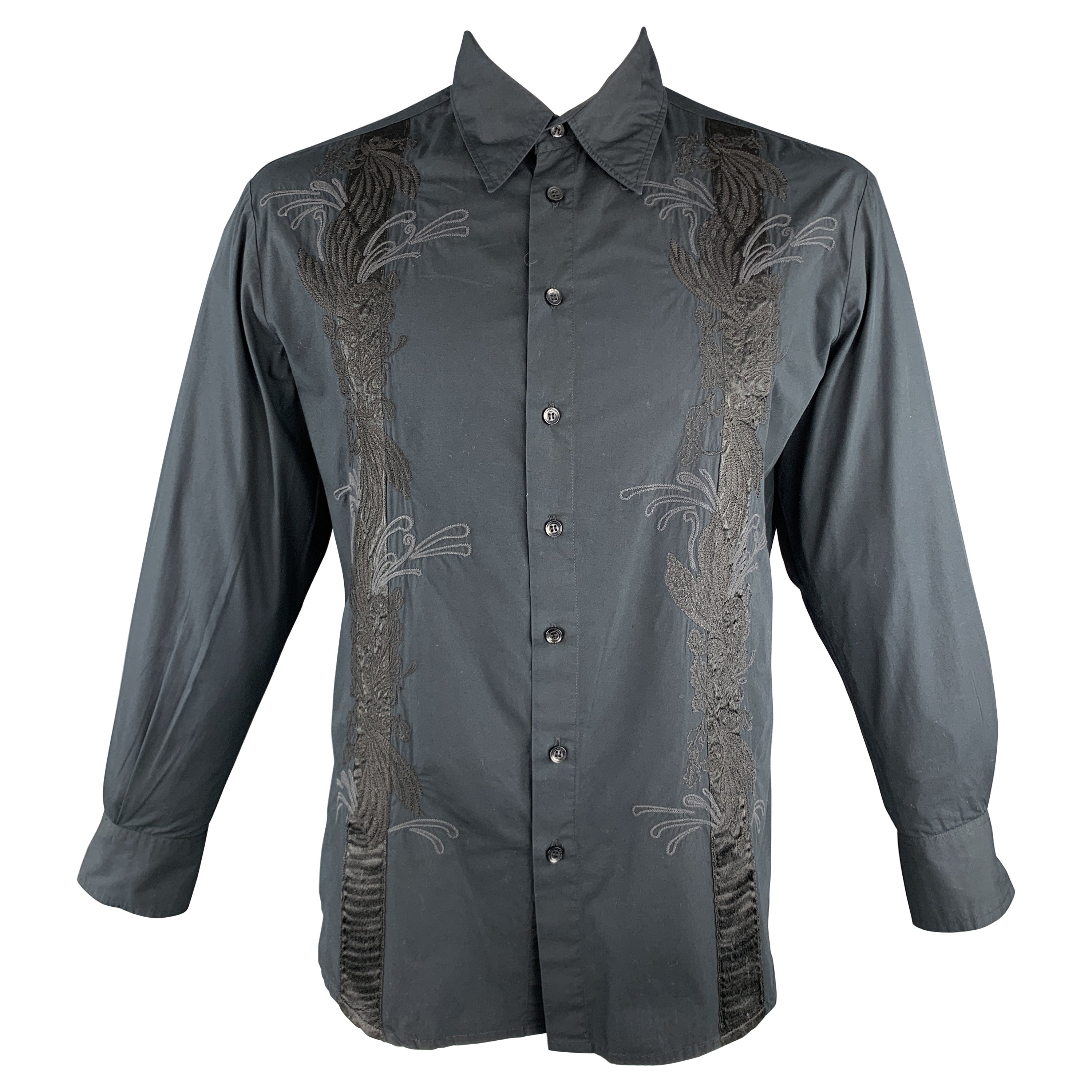 ROBERTO CAVALLI CLASS Size L Black Embroidery Cotton Button Up Long Sleeve  Shirt