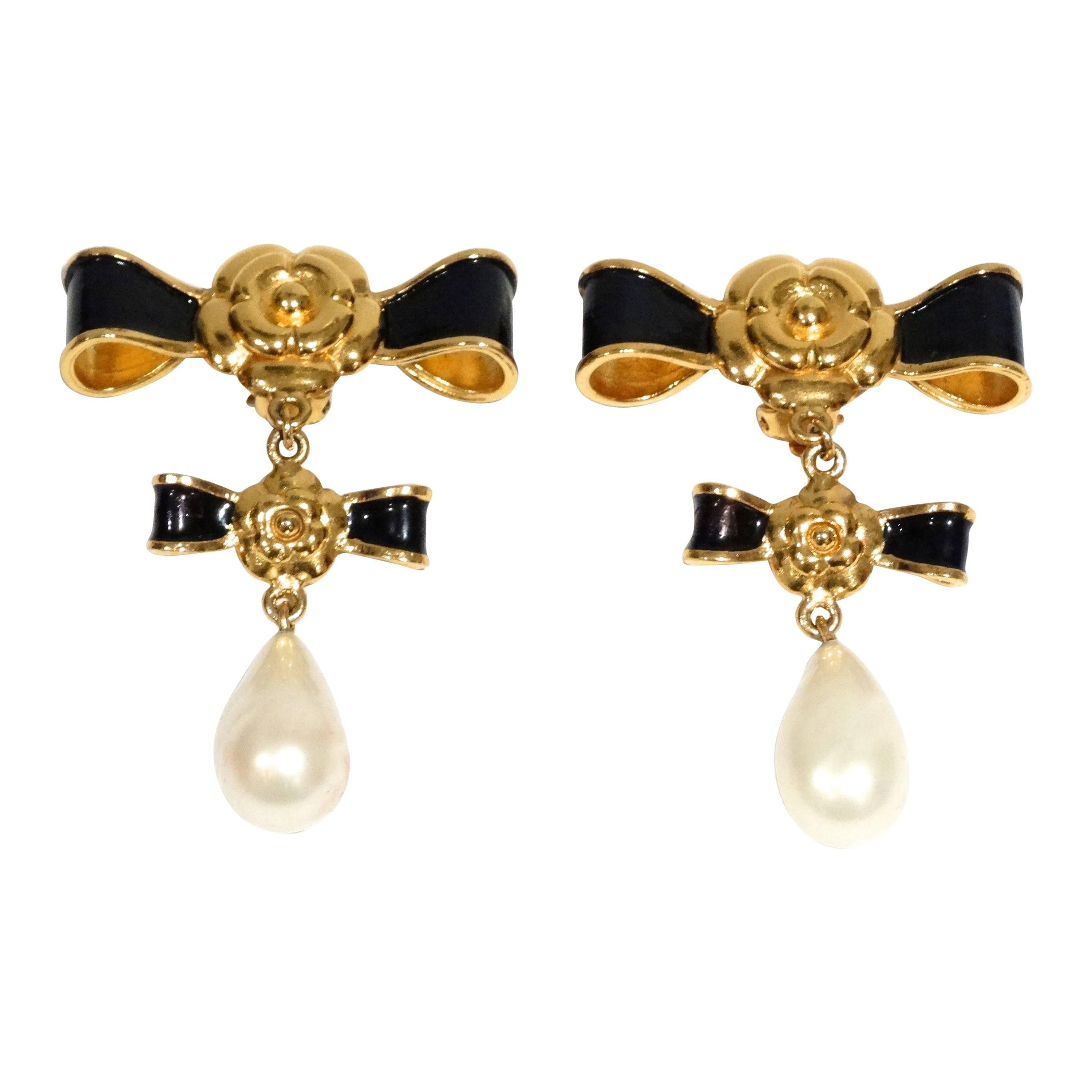 Rare 1990s Chanel Double "Bow" Drop Earrings
