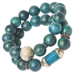  Turquoise Beaded Bracelets with Silver Elements and Vintage Jade Pair Of