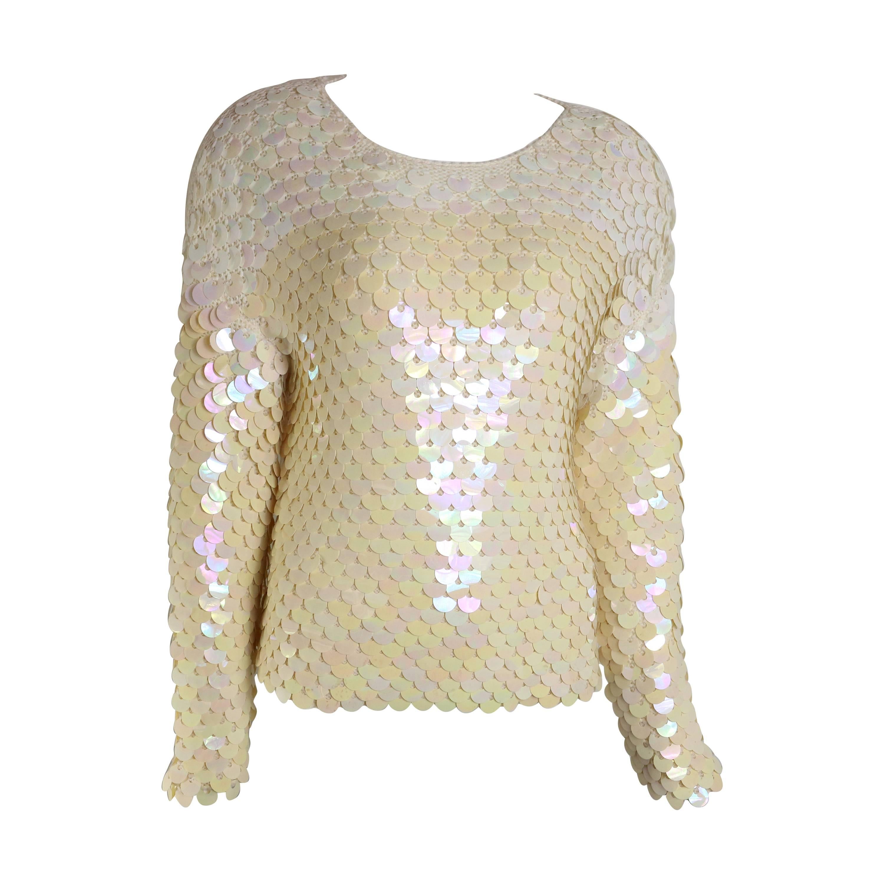 Unworn Glamorous 80s Escada Ivory Sequins Knitted Top 
