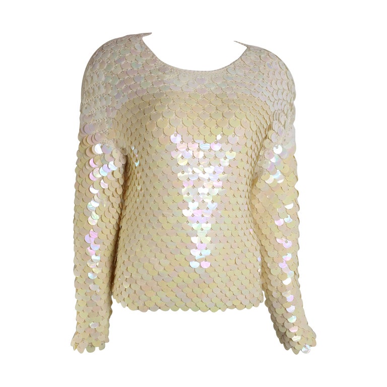 Unworn Glamorous 80s Escada Ivory Sequins Knitted Top For Sale at 1stDibs