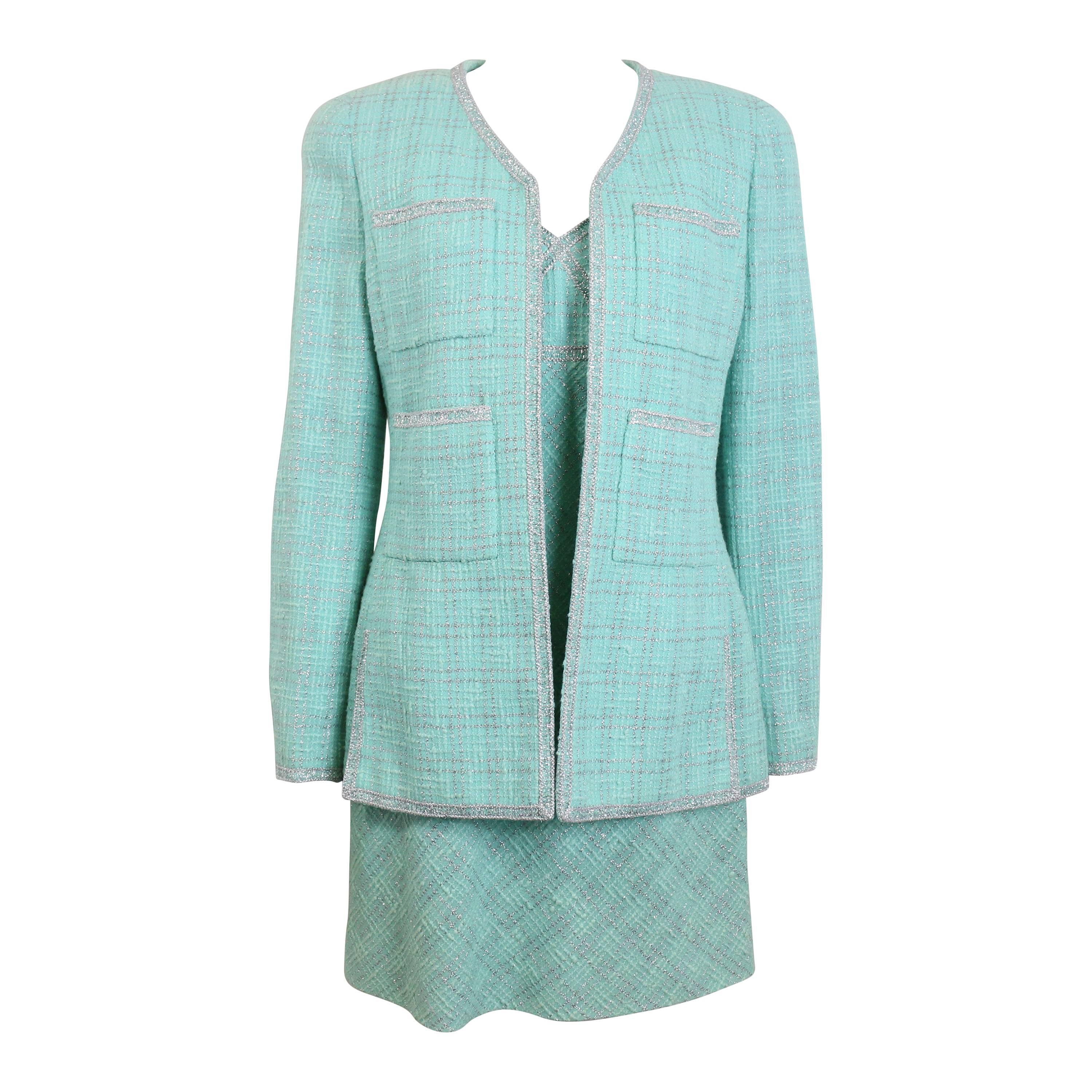 Chanel Green Tweed Dress Suit Ensemble For Sale