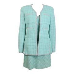 Chanel Green Tweed Dress Suit Ensemble