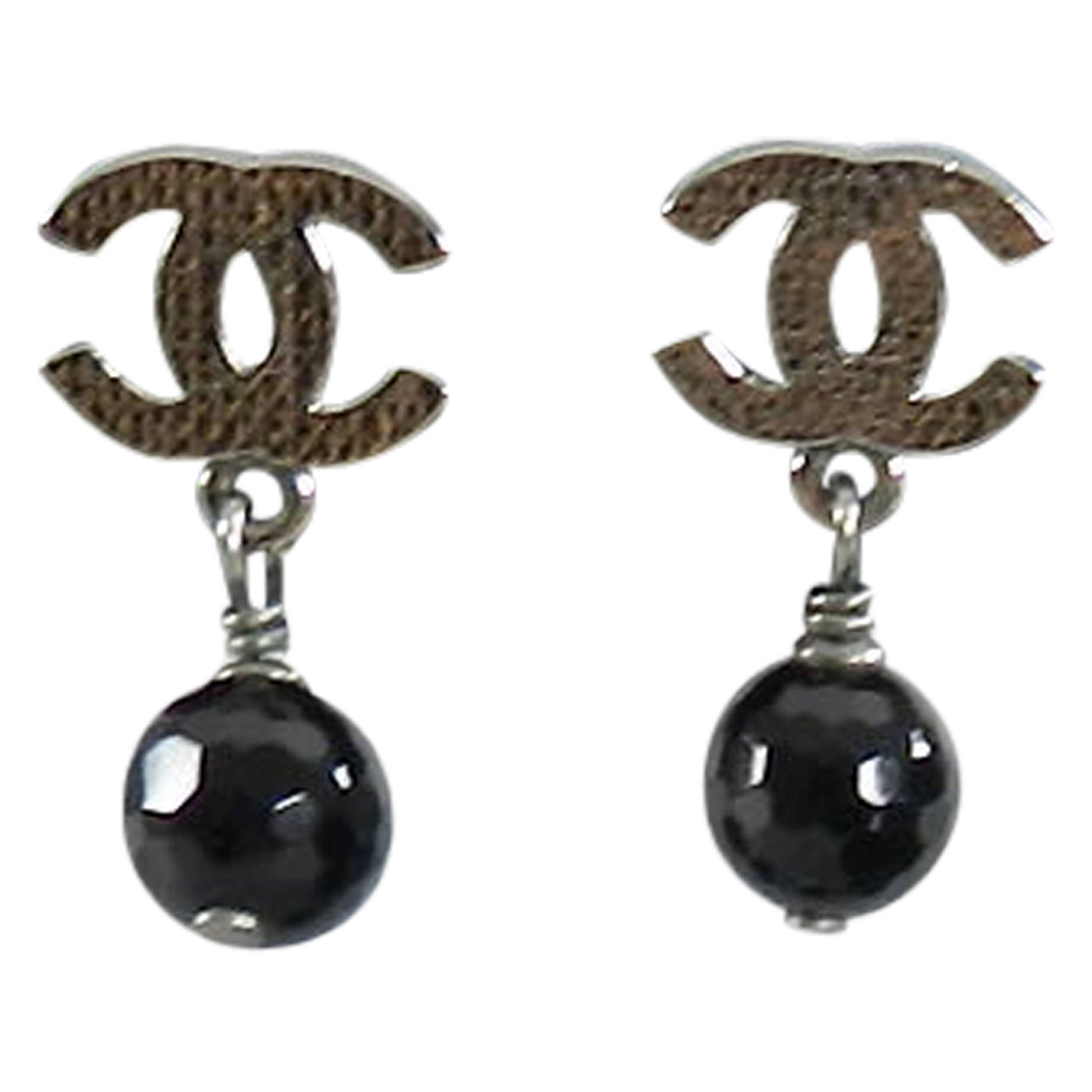 Chanel 10V Gunmetal and Black Bead CC Earrings