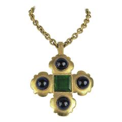 Vintage Chanel Gripoix Glass Maltese Cross Pendant Necklace Victoire de Castella