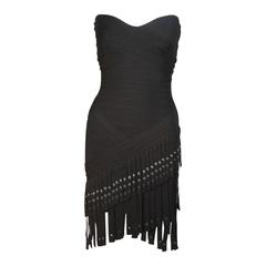 HERVE LEGER Black Bodicon Cocktail Dress with Gromets and Fringe Size XS