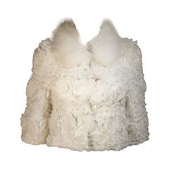 White Fox Fur Bolero Style Jacket with Rose Ruffle Details Size 6 