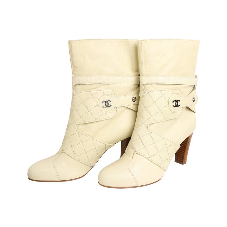 Chanel Cream Leather Quilted Ankle Boots at 1stdibs