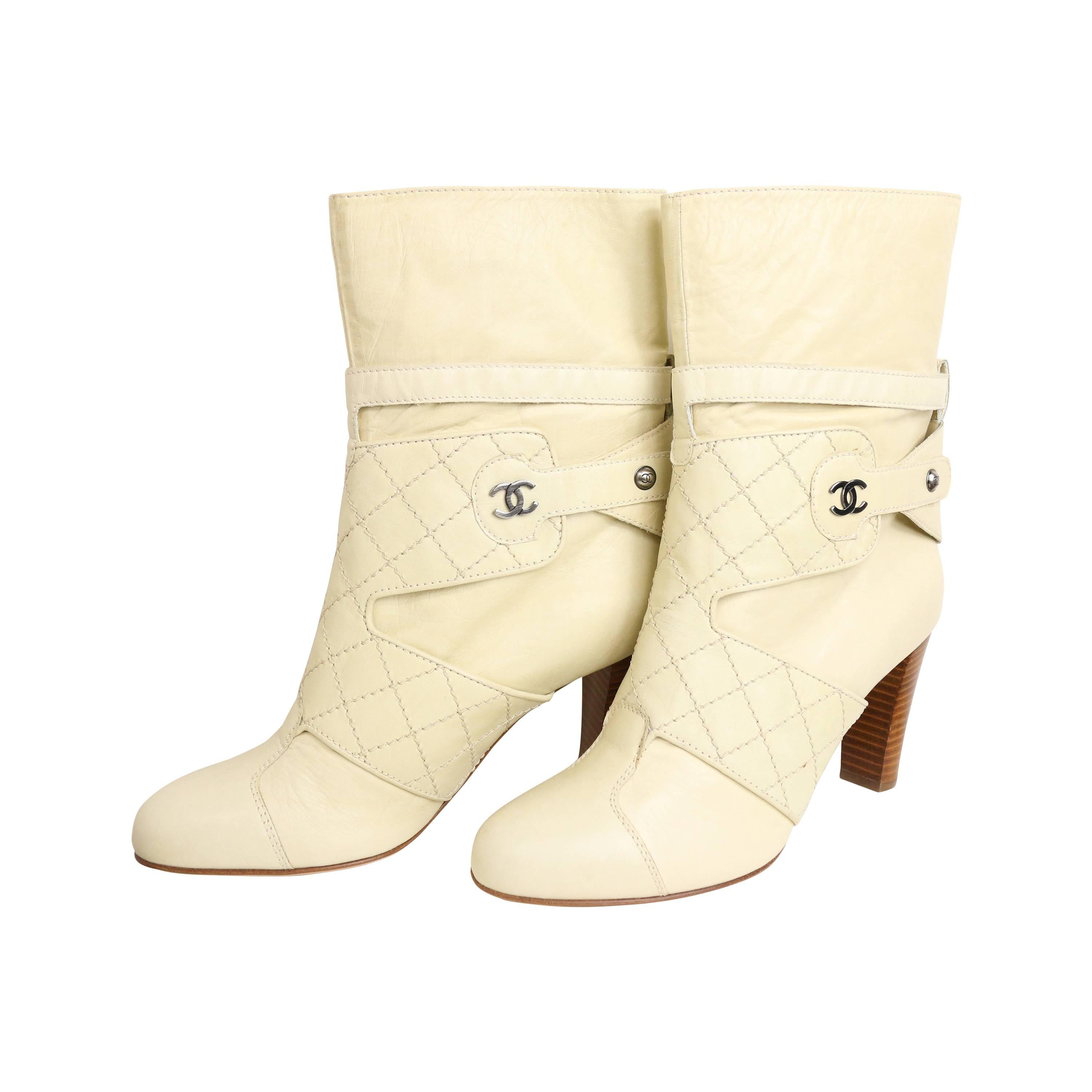 Chanel Cream Leather Quilted Ankle Boots