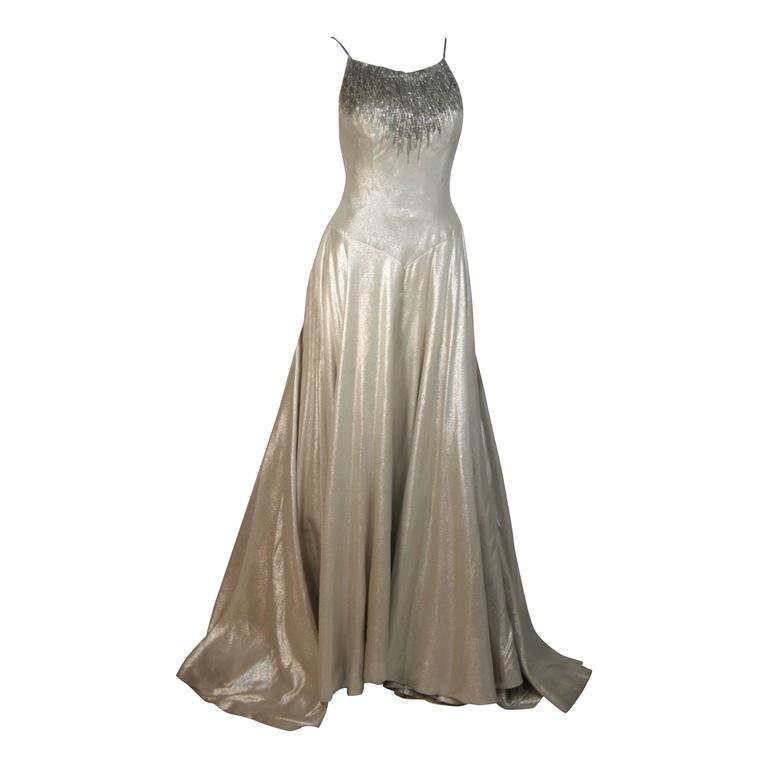 HELEN ROSE Couture Silver Metallic Ball Gown with Embellished Bodice ...