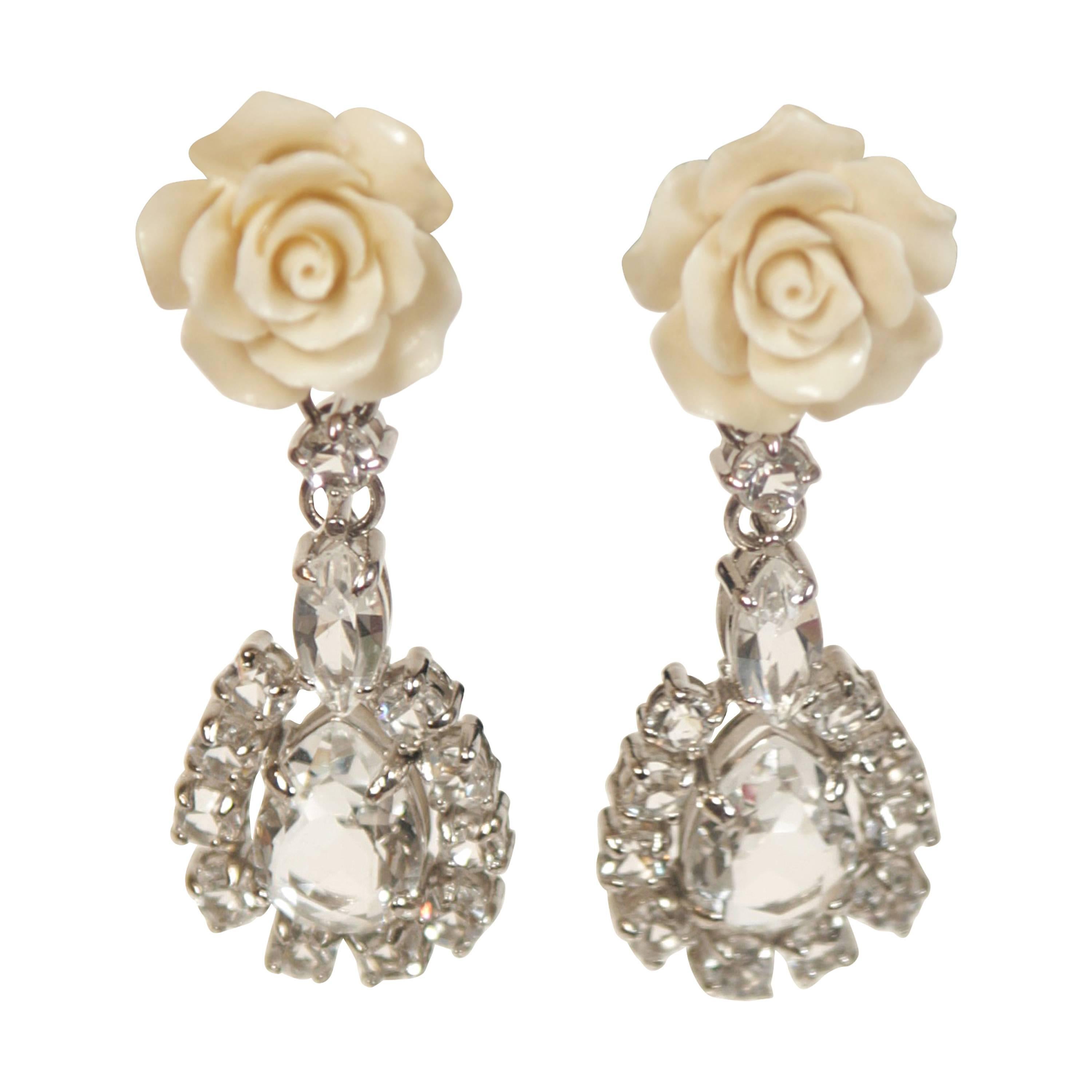 PRADA Large Rhinestone Clip On Earrings with Cream Rose Detail