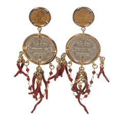 DOLCE AND GABBANA Coin & Heritage Medallion Clip On Earrings with Faux Coral