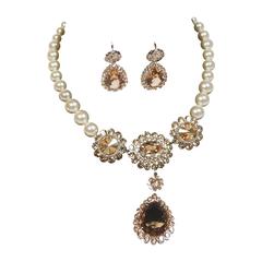 MIU MIU Smoky Topaz Rhinestone with Faux Pearl Necklace & Earrings